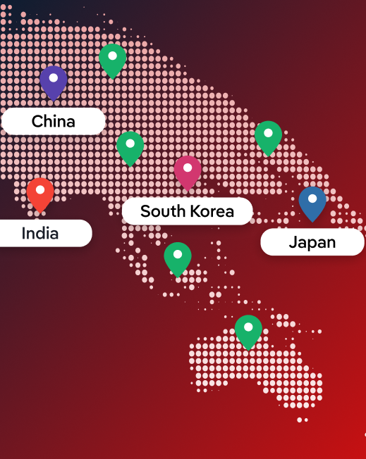 Globe map showing global coverage with Asian countries China, South Korea, India and Japan