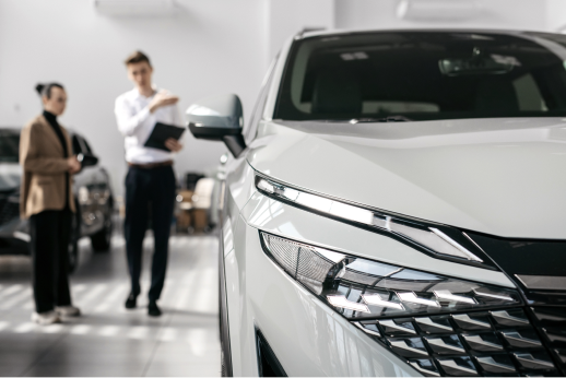 A sales person presenting a new car